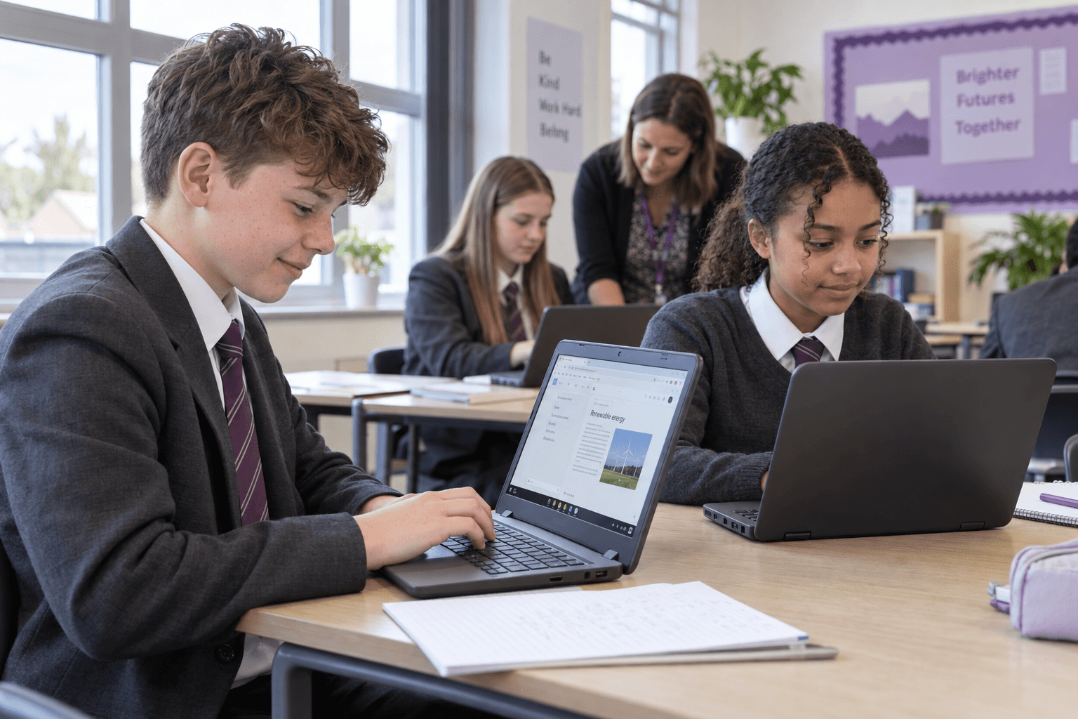 Pupils using compact Chromebooks for classroom assignments while a teacher supports another pupil behind them.