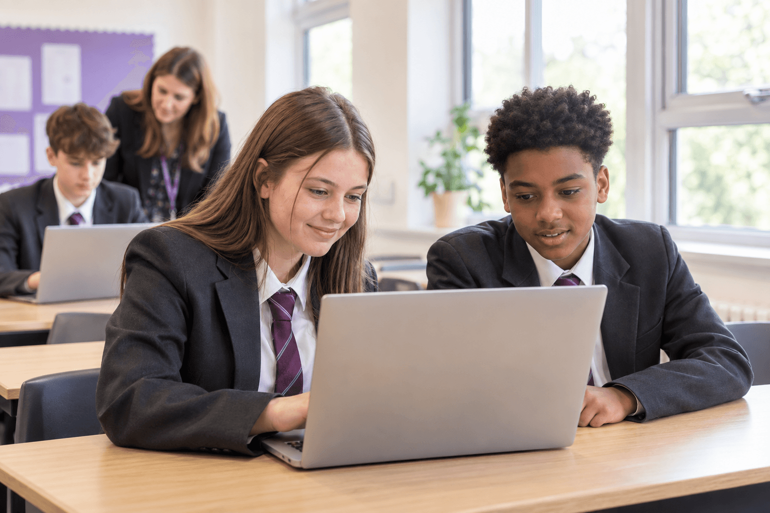 Pupils using a laptop together in a bright classroom, with a teacher supporting another pupil behind them.