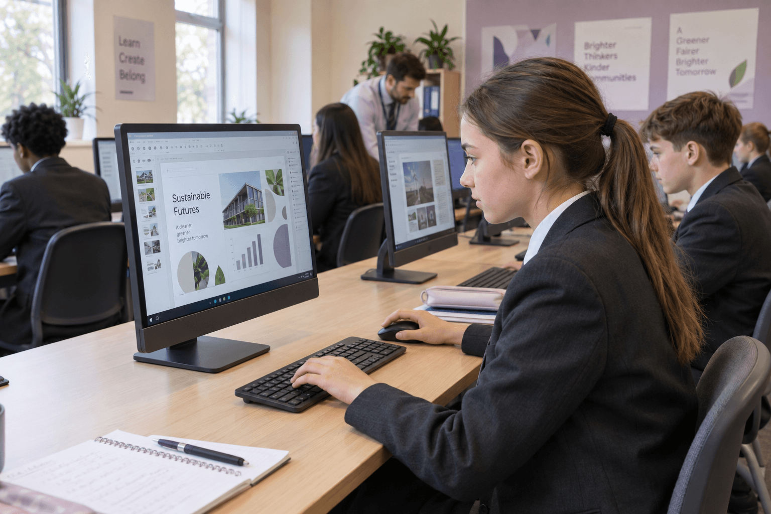 Pupils working at all-in-one desktop computers in a school computer suite.