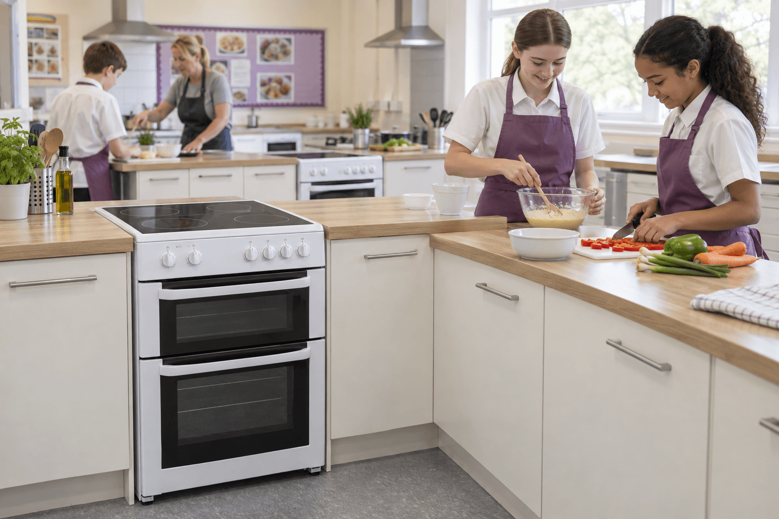 Pupils preparing food in a school food technology classroom beside freestanding electric double-oven cookers.