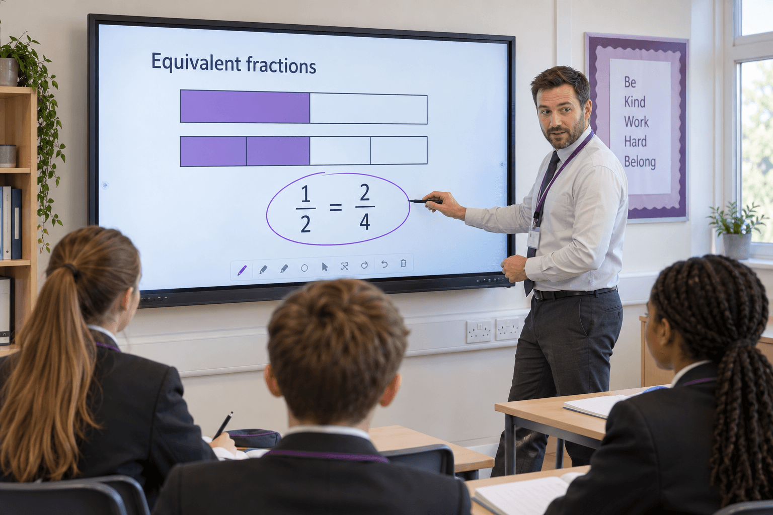 A teacher using a stylus on a large interactive classroom display while pupils follow the lesson.