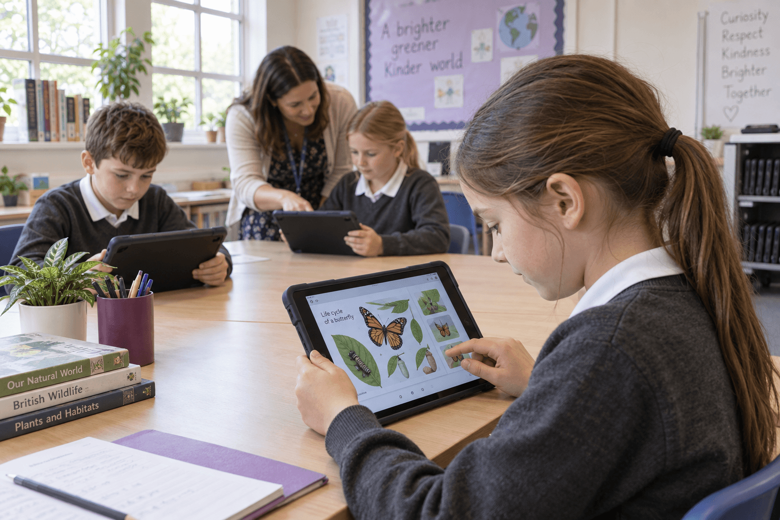 Primary school pupils learning with tablets in a classroom, with a teacher helping nearby.