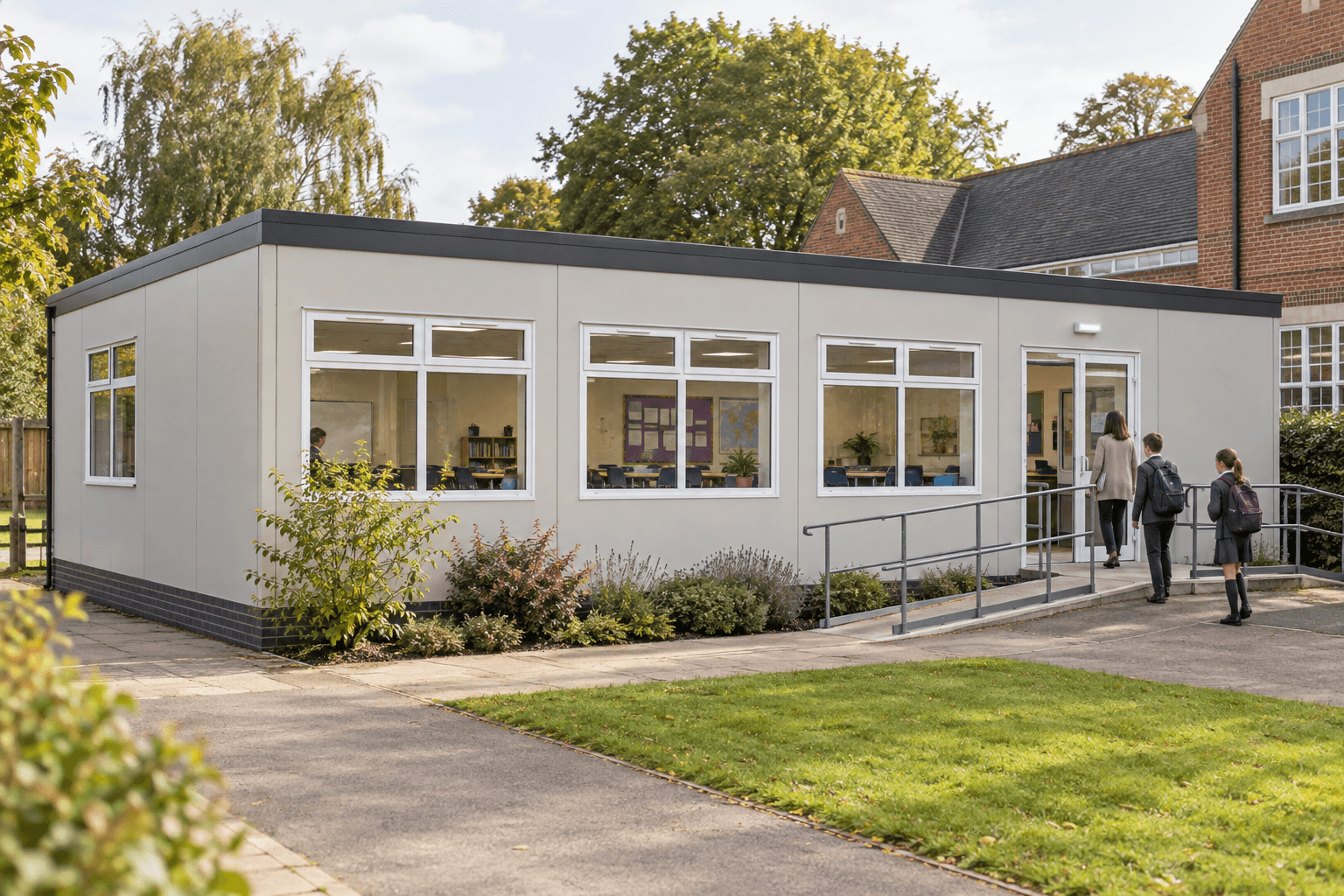 A modern modular classroom building on a school site, with a teacher and pupils approaching the entrance.