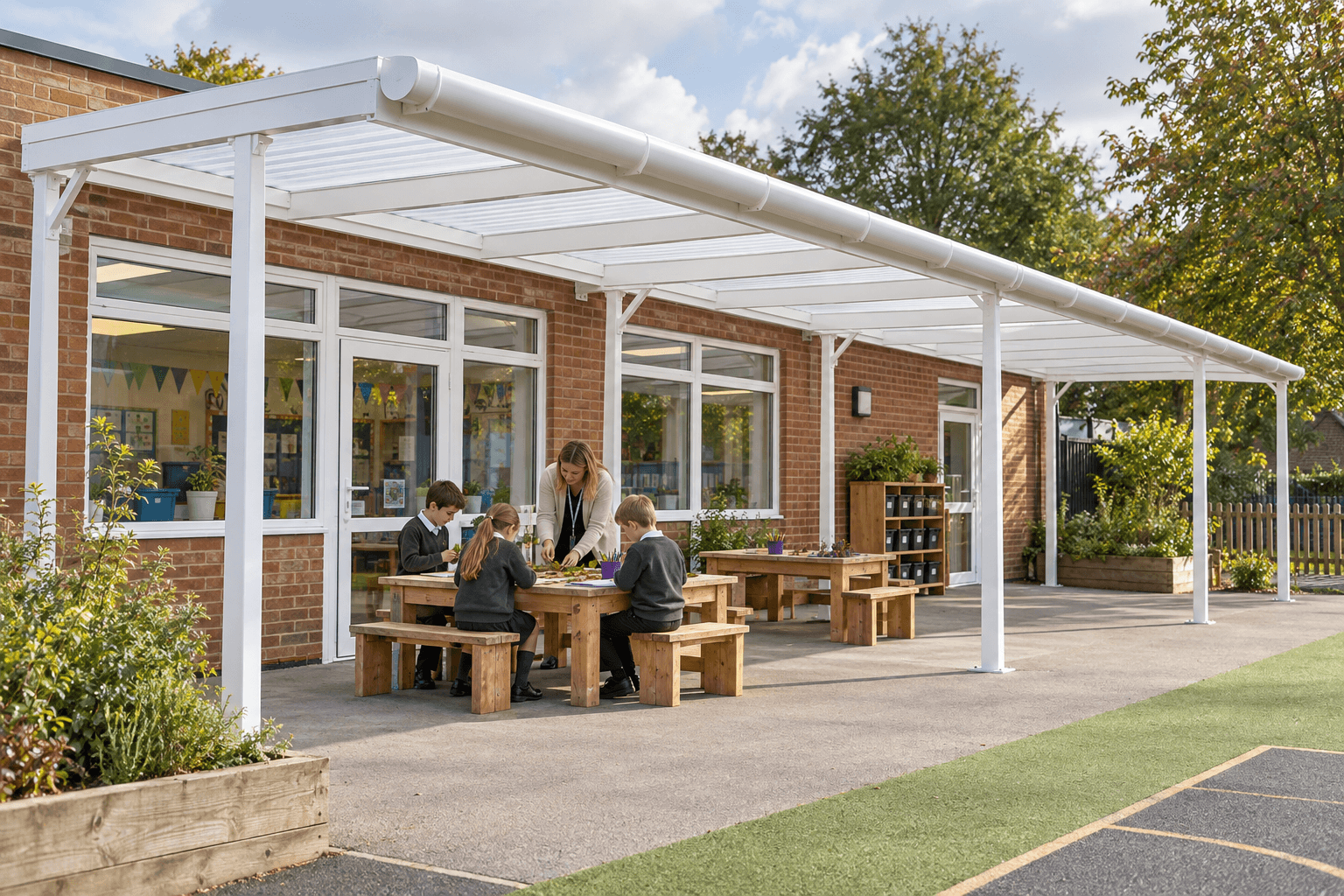 A white playground canopy beside a school classroom, with pupils and a teacher learning at tables underneath.