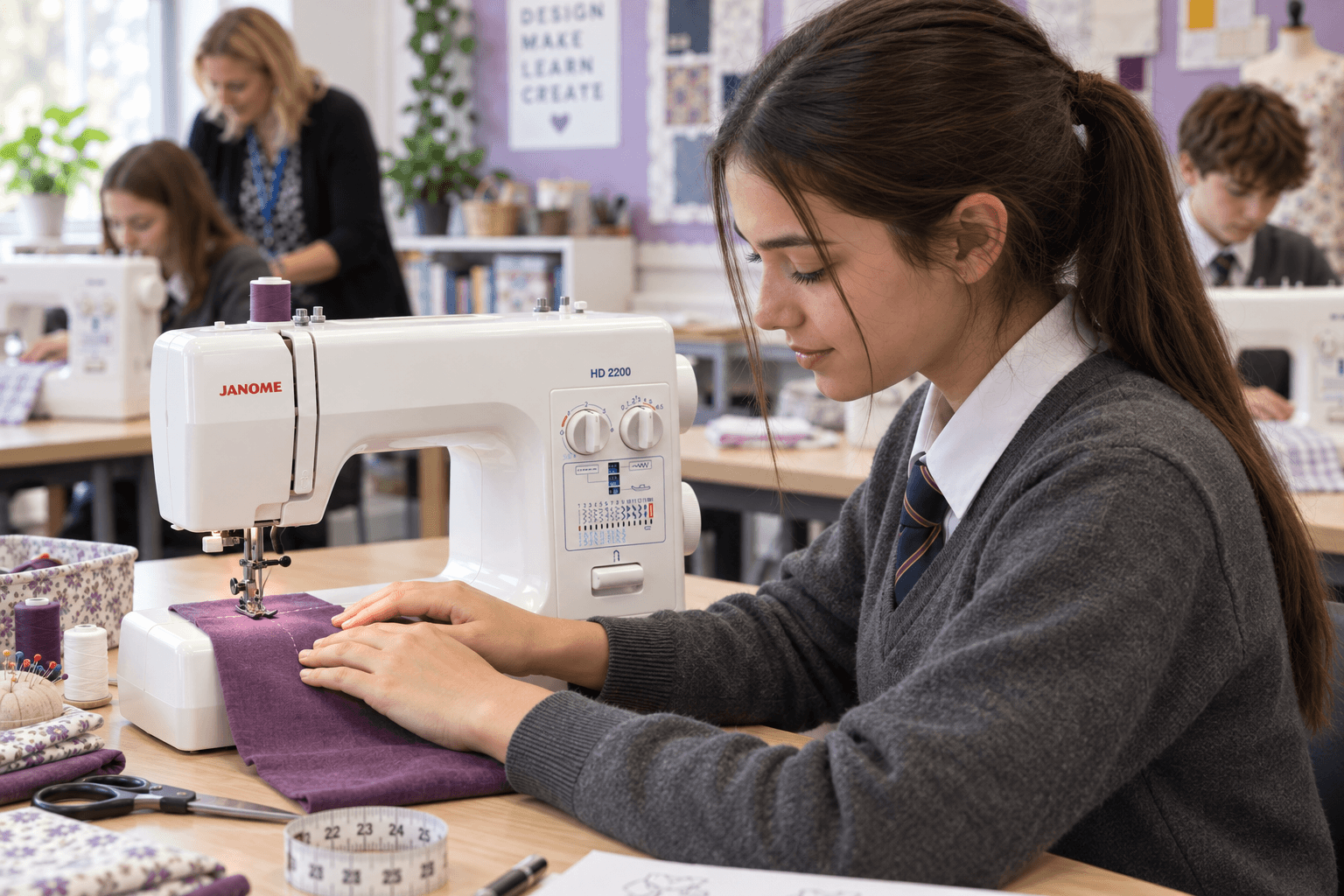 A pupil guiding plum fabric through a sewing machine during a school textiles lesson.