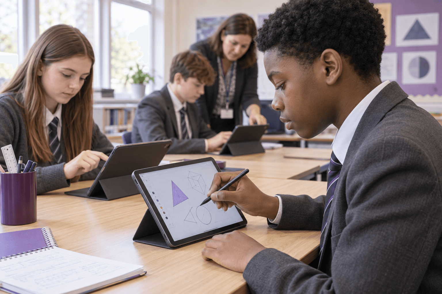 Secondary school pupils using tablets for classroom activities, with a pupil drawing on a touchscreen using a stylus.