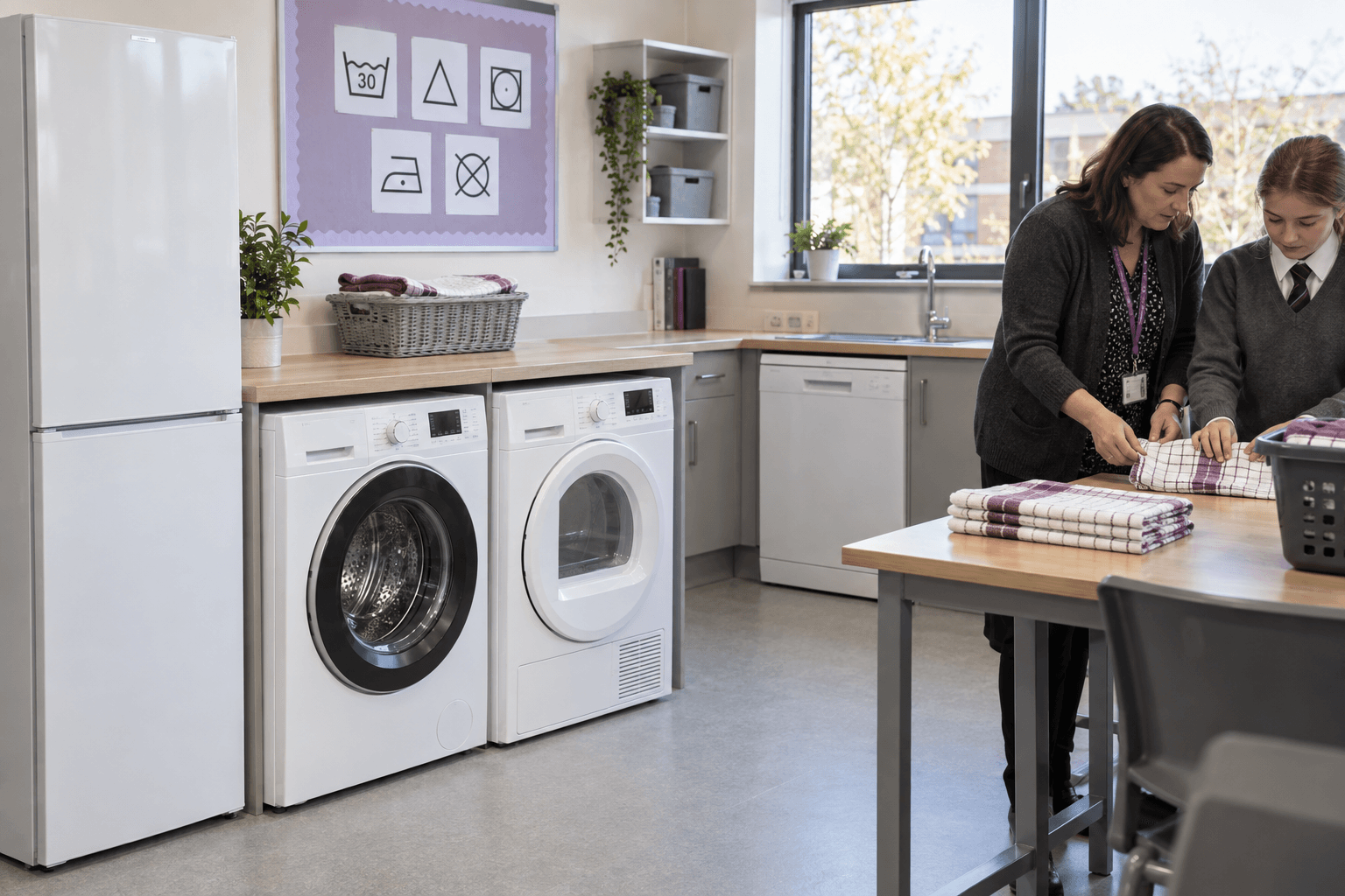 White appliances in a school practical-learning room, with a teacher and pupil folding towels.